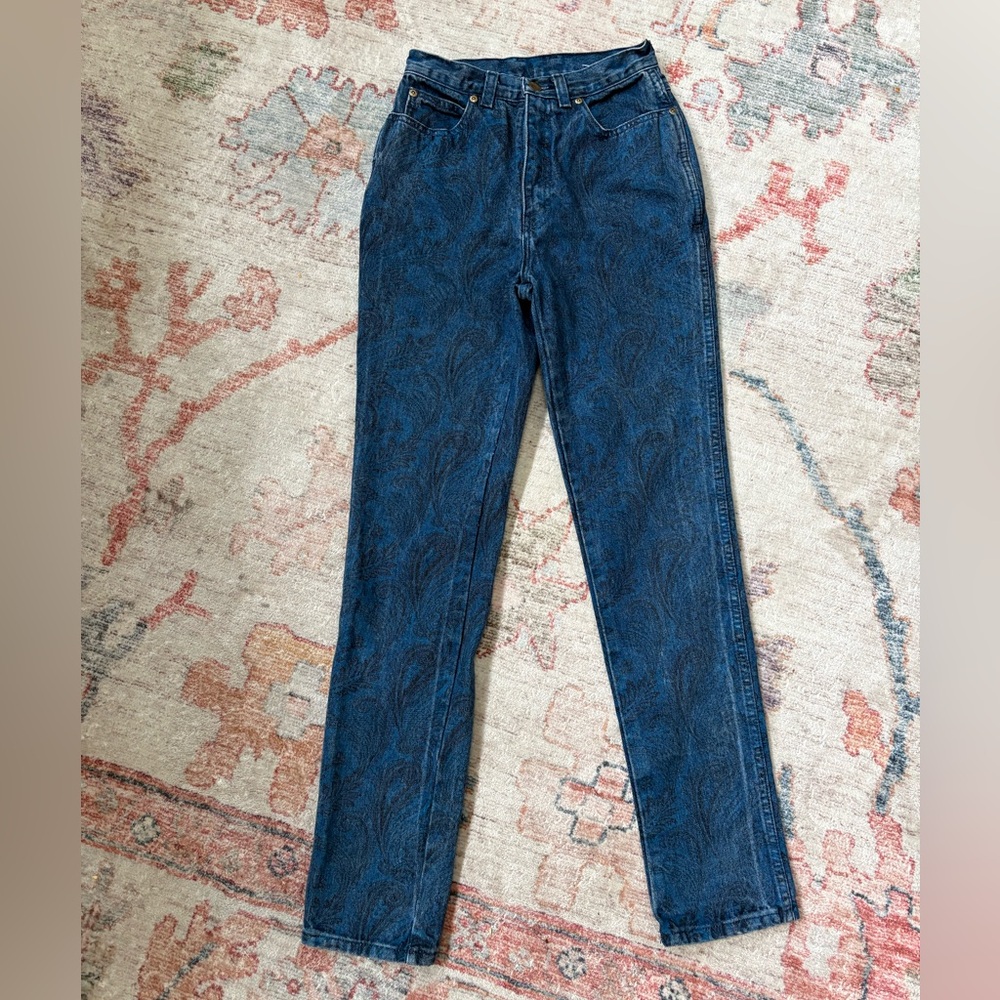 Vintage 80s Jordache Jeans High Rise Straight Leg Blue Paisley Print Size 29